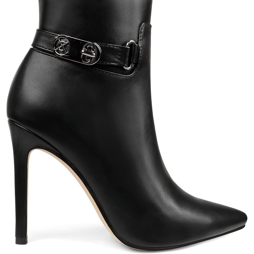 Women's Knee High Pointed Toe Stiletto Buckle Slouch Zipper Heeled Boot Black - Picture 5 of 6